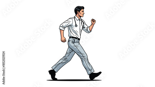 A determined male doctor with a stethoscope around his neck, walking purposefully in a side-view pop art style illustration.