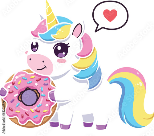 Colorful unicorn holding donut with heart speech bubble