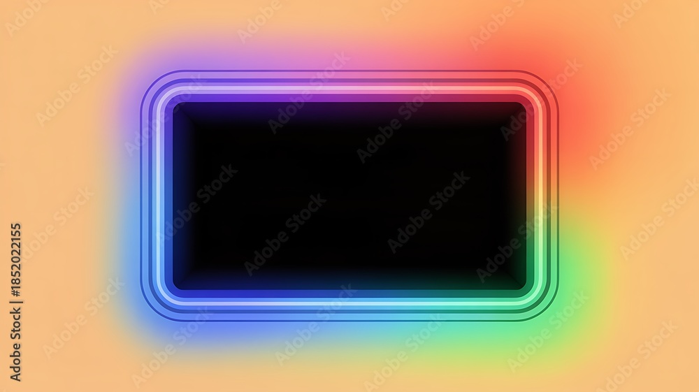 Fototapeta premium Multi-layered neon border with rainbow colors and central black rectangle on a light orange background