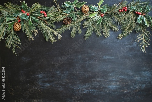 Festive Christmas composition with evergreen branches, pine cones, red berries. Decorative border on dark background, classic holiday colors, cozy seasonal atmosphere, for banners, winter promotions