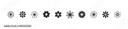 Row of various black and white flower icons, elegant floral elements for decoration and design, vector graphics