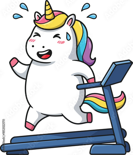 Unicorn running on treadmill with sweat drops and excited expression