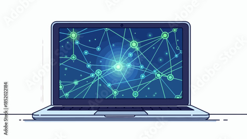 Laptop Displaying a Digital Network with Glowing Connections and Nodes.