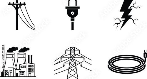 Electric power icons set showing transmission lines plug lightning factory substation cable energy infrastructure industrial electricity symbols illustration design collection utility grid technology