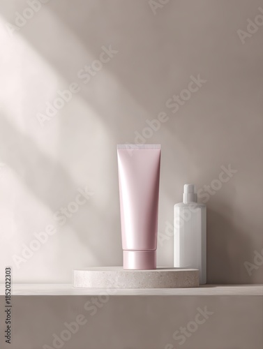 Wallpaper Mural Cosmetic tube mockup scene on clean podium with neutral background and studio lighting for skincare advertising Torontodigital.ca
