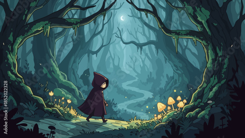 Little Red Riding Hood in a mystical forest at night.