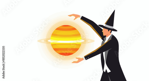 Magician Conjuring a Glowing Planet with Rings in a Mystical Scene.