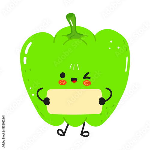 Green bell pepper cartoon character holding blank sign winking