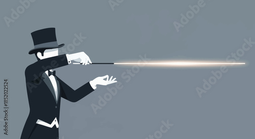 Magician in top hat and tuxedo casting a spell with a glowing magic wand.
