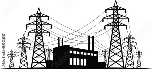 Electric power transmission towers, industrial factory silhouette, high voltage electricity grid, energy infrastructure, utility pylons, distribution lines, power plant, engineering, industry, 
