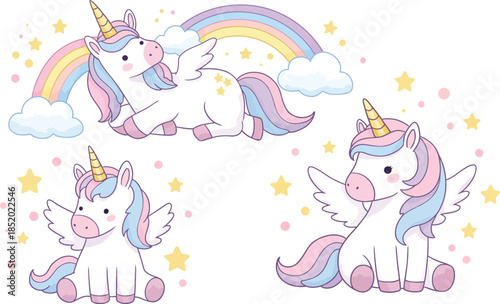 Three whimsical unicorns with rainbow and clouds in pastel colors