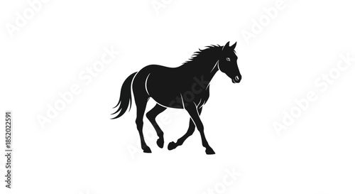 Silhouette of a Black Horse Trotting Gracefully on a White Background