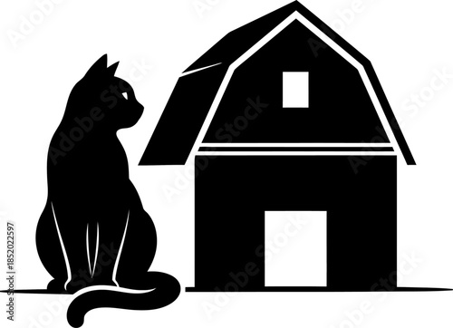 Silhouette of a black cat sitting next to a barn building representing rural life farm animals and country charm