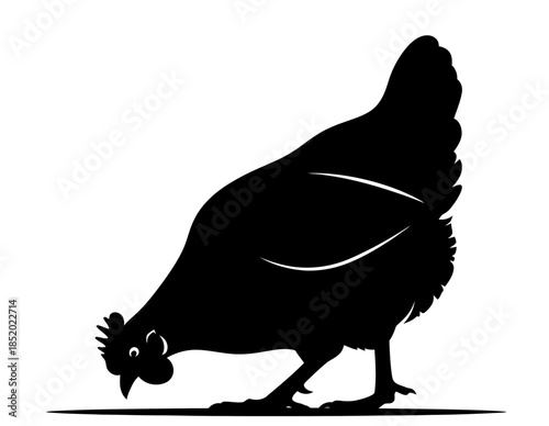 Silhouette of a Chicken Foraging for Food on a White Background Vector Illustration