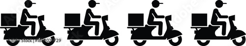 Food delivery rider icon set, scooter courier silhouette, fast shipping concept, online order service, logistics transport symbol, delivery man illustration, flat design graphic