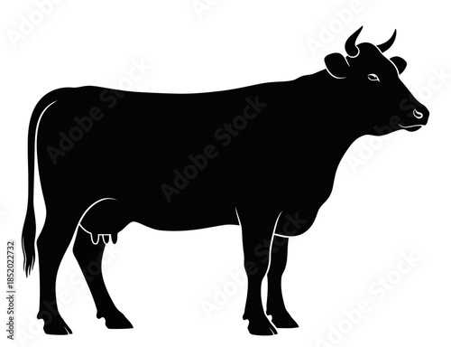 Black Silhouette of a Dairy Cow Standing in Profile Farm Animal Vector Illustration