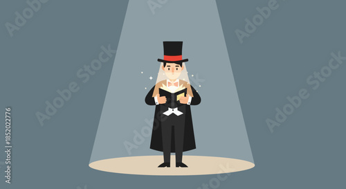 Magician Performing Magic Trick Under Spotlight.