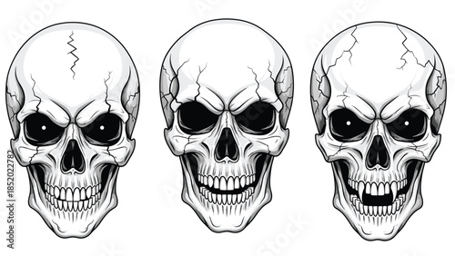Set of three angry and evil-looking human skulls with glowing black eyes, one with vampire fangs, in a monochrome style.