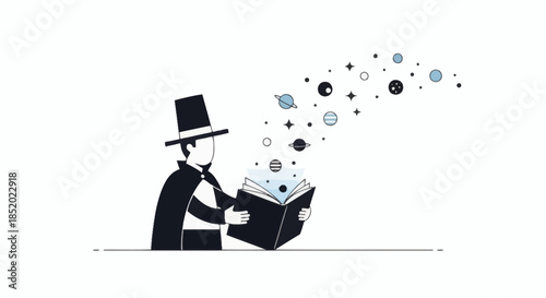 Magician Reading Book with Magical Elements Flowing Out.