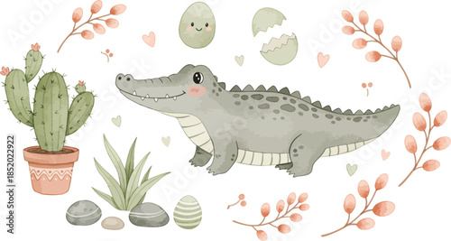 Illustration of a stegosaurus surrounded by desert plants and rocks