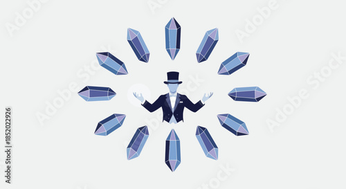 Magician with Top Hat Surrounded by Blue Crystals in a Circular Arrangement.