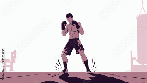 Male Boxer Training in Gym with Punching Bag in Background.