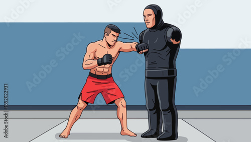 Male boxer training with a punching dummy in a gym.