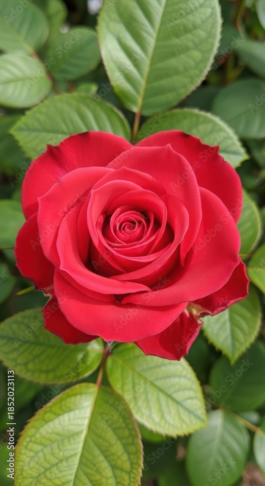 Fototapeta premium Single red rose close-up with green foliage background. Macro video of blooming red rose petal details. Velvety red rose with natural lighting and leaf contrast.