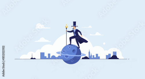 Man in top hat standing on a planet holding a staff with a city skyline in the background.