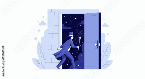 Man in Top Hat Entering a Magical Doorway to a Starry Night.