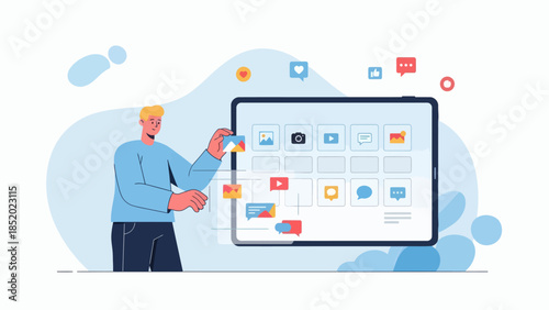 Man Interacting with Digital Tablet Interface Managing Online Content and Social Media.
