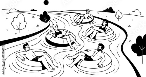 Friends Enjoying a Lazy River Tubing Adventure
