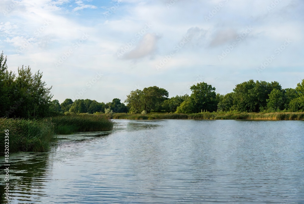 Fototapeta premium Serene summer landscape featuring a calm river winding through lush green reeds and dense forest under a bright cloudy sky
