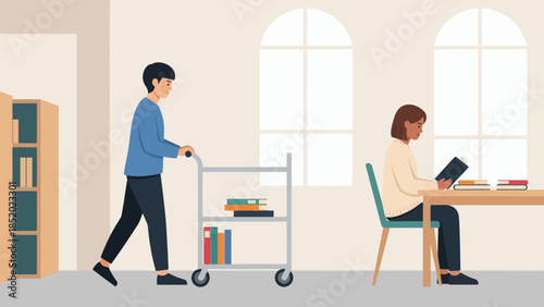Man pushing a book cart in a library while a woman reads at a table.