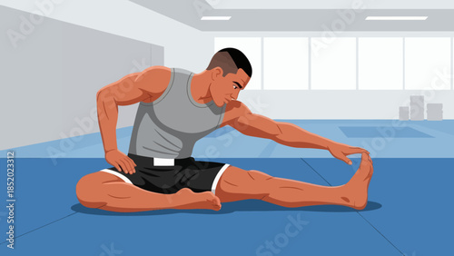 Man stretching on the floor in a gym focusing on flexibility and fitness.