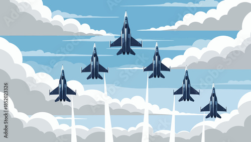 Military fighter jets flying in formation through a cloudy sky.