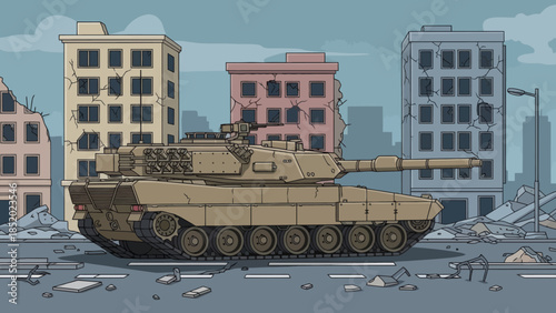Military Tank in a WarTorn City Landscape.