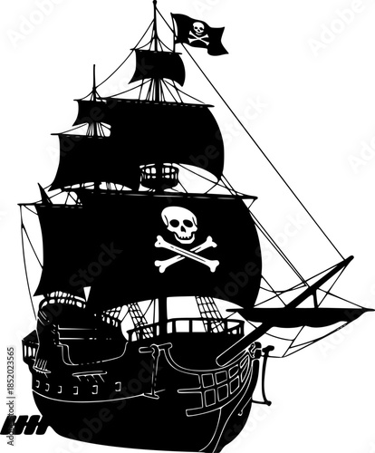 pirate ship black silhouette,pirate ship flat vector illustration

