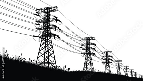 High voltage power transmission towers carrying electricity across rural landscape, energy infrastructure grid lines, electrical pylons silhouetted against clear sky blue minimal background horizon