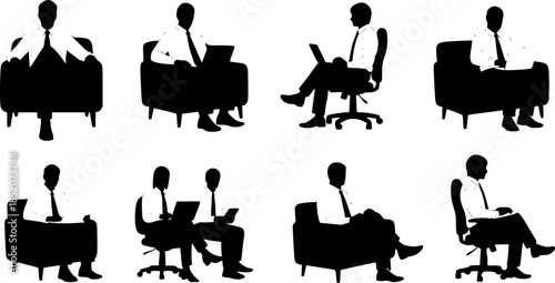 Vector set of business people sitting silhouettes. silhouette man sitting on armchair. men and women sit on armchair, office chair with laptop, tablet, front, side view. isolated on white .