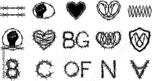 barbed wire logo icon silhouette collection vector art illustration
