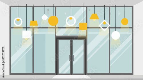 Modern Storefront with Glass Windows and Decorative Lighting.