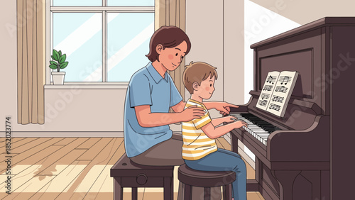 Mother and child playing piano together in a bright room learning music.