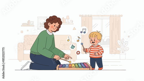 Mother and child playing xylophone together at home.