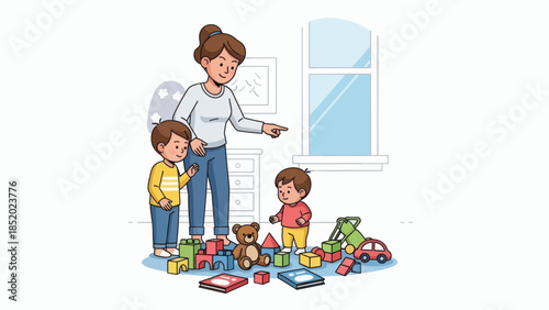 Mother and children cleaning up toys in a bright room.