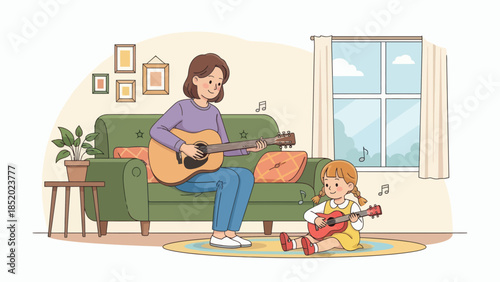 Mother and daughter playing guitar and ukulele together in living room.