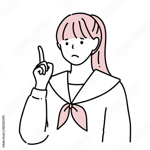 手描き　指差し　困った表情の女子高生のイラスト　指差し