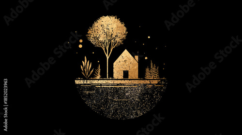 Elegant golden textured illustration of a cozy house and trees, minimalist design with shimmering gold on black background.
