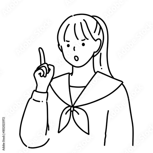手描き　指差し　怒った表情の女子高生のイラスト　　シンプル線画