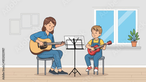 Mother and son playing guitar together at home.